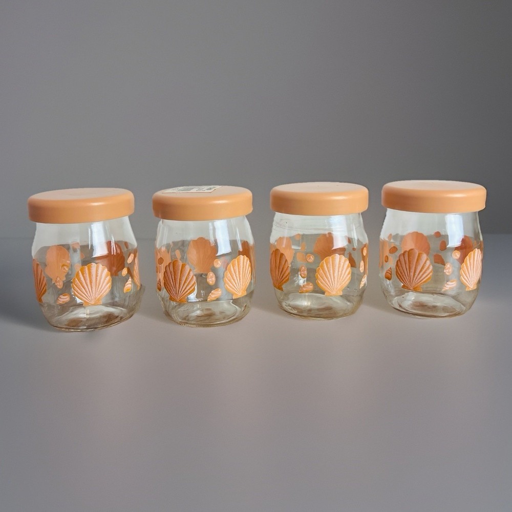 4pc Set Vintage VMC France Coral Pink Seashells Screw & Pop Top Jars